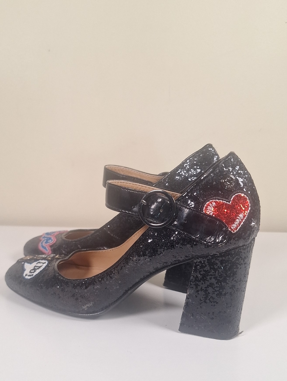 Love Moschino Rare Vintage Love/I Do Glitter Block Mary Jane Heels Size EU 37